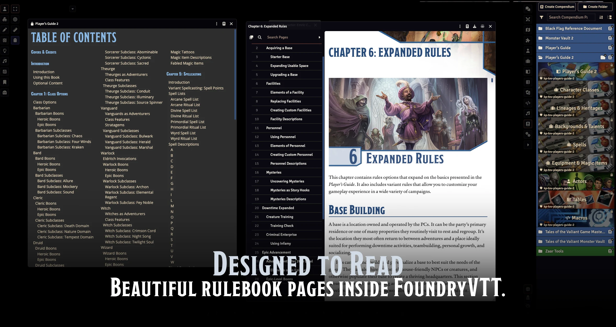 Beautiful rulebook pages inside FoundryVTT.
